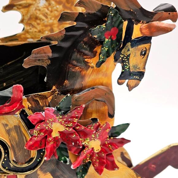 Vintage Metal Rocking Horse Carriage Planter w Poinsettia Accents Holiday Decor - Picture 3 of 10